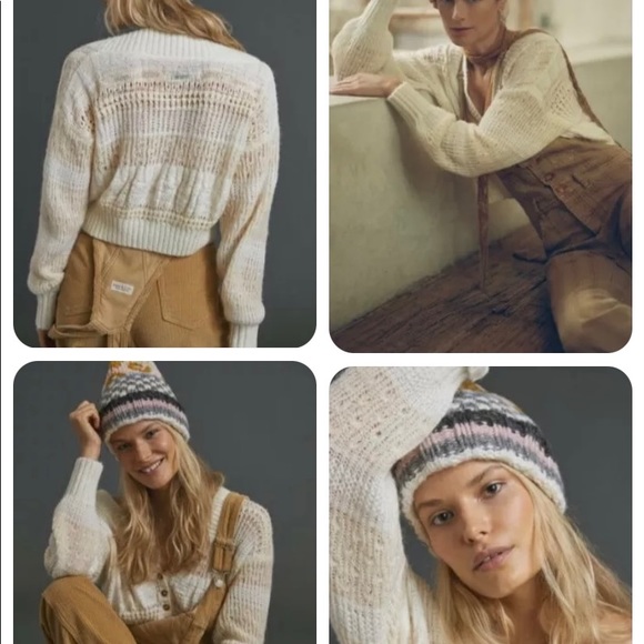 NWT $118 Anthropologie Pilcro Scarlette Pointelle Cropped Cardigan Sweater Large - Picture 2 of 3